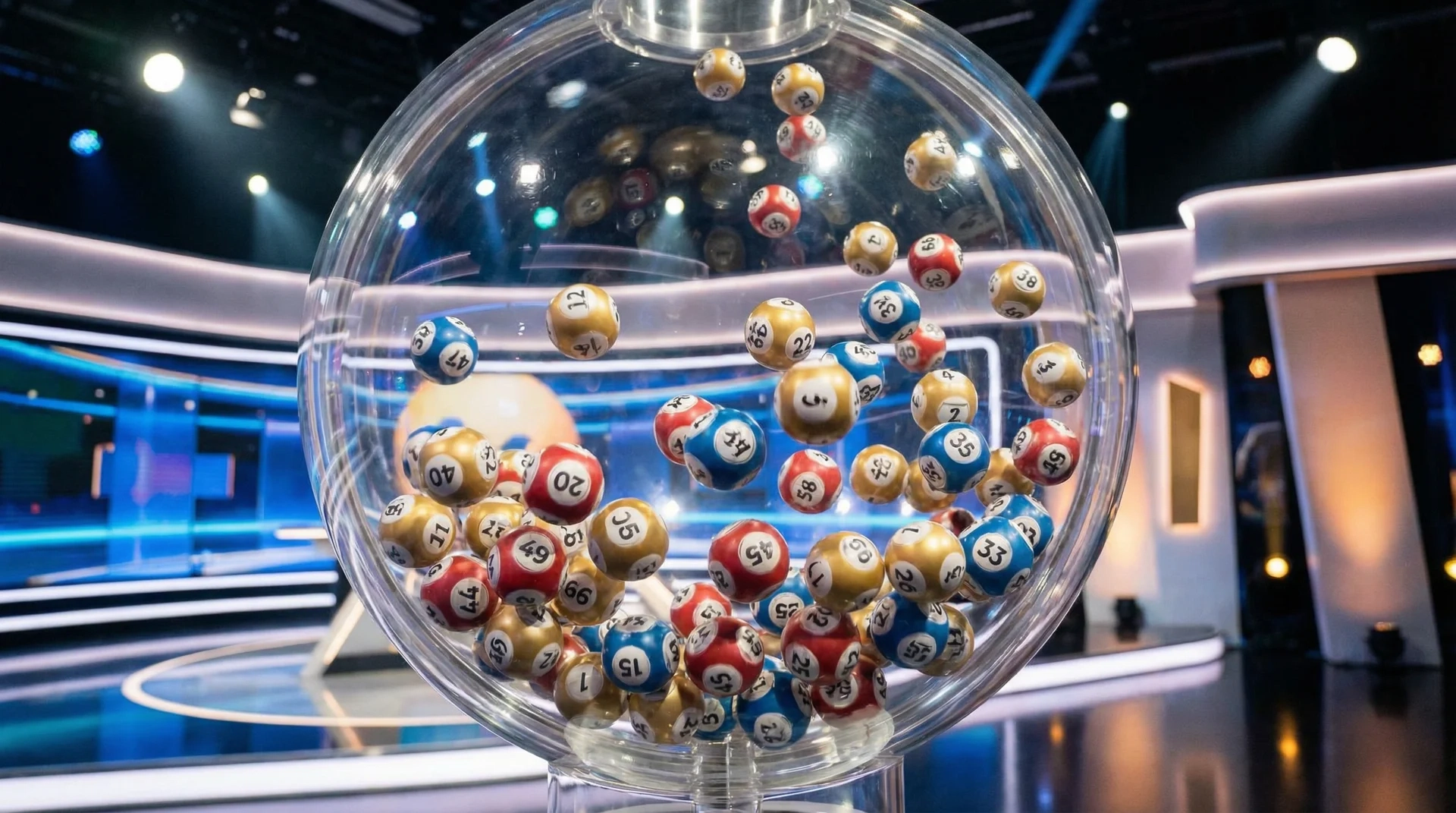 澳门六合彩彩色号码球在透明摇奖机中翻滚
