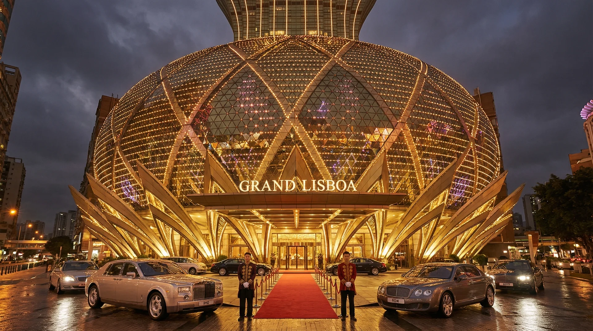 澳门新葡京娱乐场标志性莲花造型建筑夜景